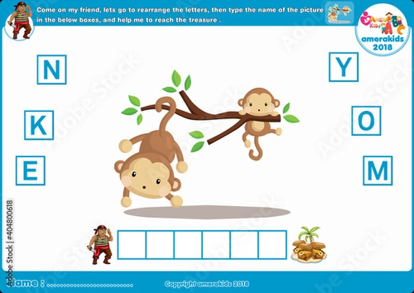 Fototapeta Spelling word scramble game. Educational activity for kids. Alphabet ABC.