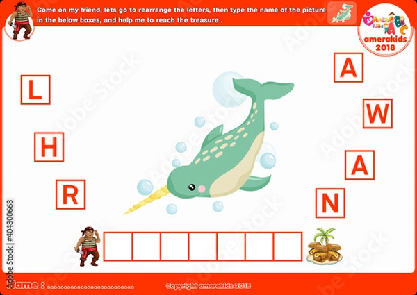 Fototapeta Spelling word scramble game. Educational activity for kids. Alphabet ABC.