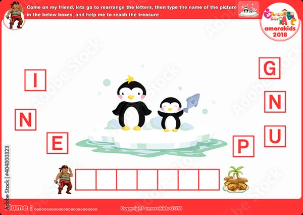 Fototapeta Spelling word scramble game. Educational activity for kids. Alphabet ABC.