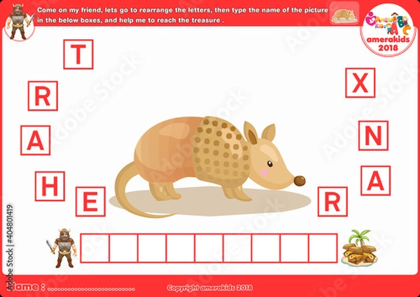 Fototapeta Spelling word scramble game. Educational activity for kids. Alphabet ABC.