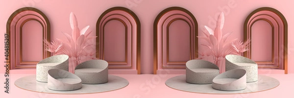 Fototapeta 3D rendering of Round marble Pedestal, and pink walls with circular arches. Podium for display product on the pink floor can be used for advertising Isolated on pink background, illustration.