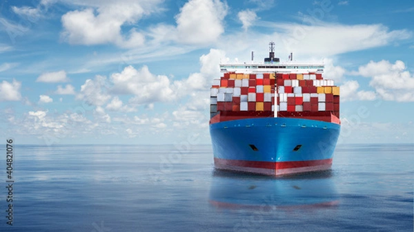 Obraz Front view from bow of a large blue shipping container ship in the ocean.