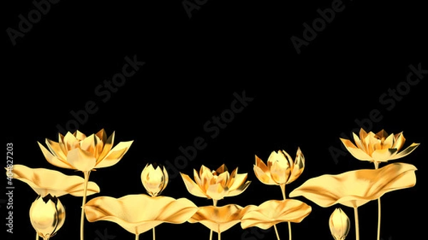 Fototapeta golden lotus and golden lotus leaves on black background 3d render