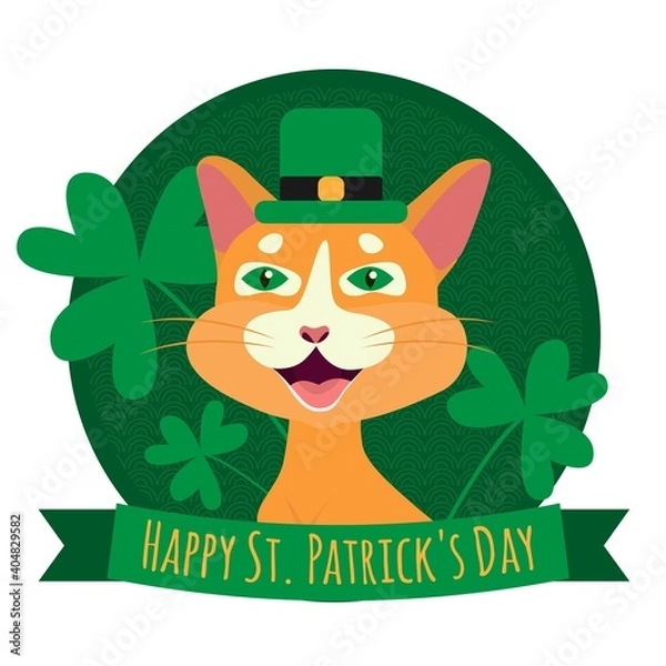 Obraz St. Patrick's Day vector illustration. Cat wearing Leprechaun Hat. Cartoon Cat with clover. Postcard, poster, banner, print design.