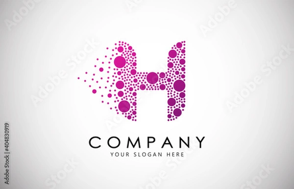 Fototapeta H Letter Logo with Dispersion Effect and Dots, Bubbles, Circles. H Dotted letter in purple gradient vector illustration.
