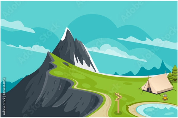 Obraz Sunny day landscape illustration in flat style with tent, campfire, mountains, forest and water.