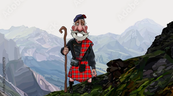 Obraz cartoon smiling gray haired Scottish highlander in a kilt with a staff in his hand stands on a high mountainside