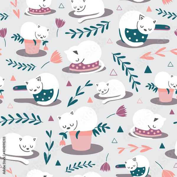 Fototapeta Cute vector repeat pattern with sleeping cats and plants