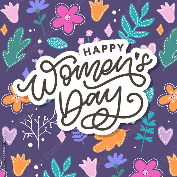 Fototapeta Happy Women's Day handwritten lettering. Modern vector hand drawn calligraphy with abstract flowers for your greeting card design