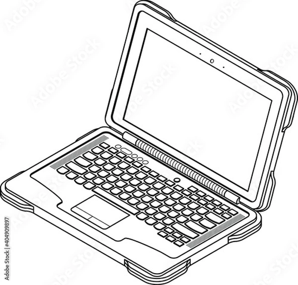 Fototapeta Line-art detailed isometric drawing of a ruggerdized laptop computer. Expanded paths. No fills.