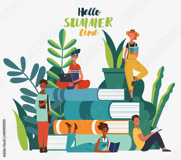 Obraz Young people group reading books. Study, learning knowledge and education vector concept
