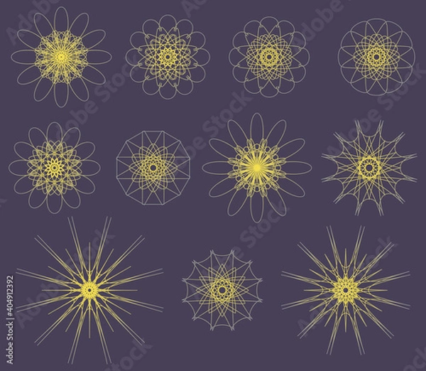 Fototapeta Set of abstract geometric round Spirograph elements like star. Vector illustration. Collection of shapes for logo, certificate, diploma, secure paper.