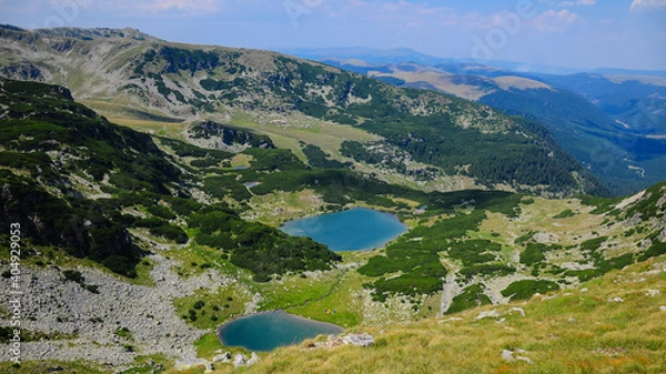 Obraz Galcescu glacial cauldron located in the alpine altitude of the Parang Mountains. Several lakes and mountain pine bushes populate the mountainous meadows that are protected by law. Carpathia, Romania.