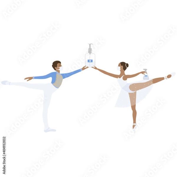 Obraz Ballerina in medical mask during corona time with sanitizer disinfection spray, theater performance. Vector isolated painting art. Coronavirus, covid 2019