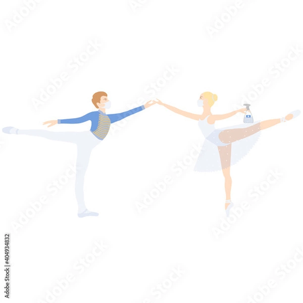Obraz Ballerina in medical mask during corona time with sanitizer disinfection spray, theater performance. Vector isolated painting art. Coronavirus, covid 2019
