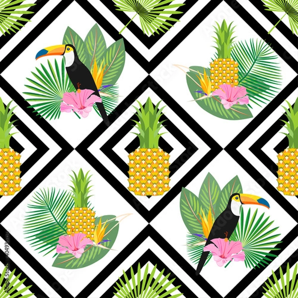 Fototapeta Exotic, tropical seamless pattern with toucans and palm leaves. Vector.