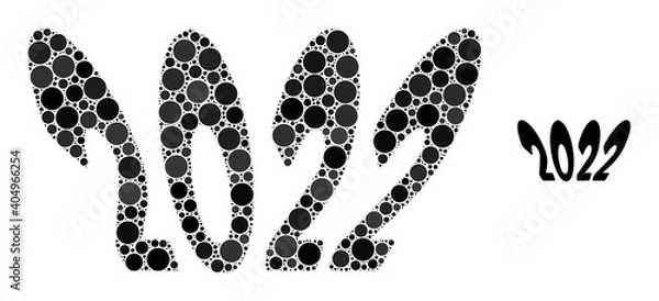 Fototapeta 2022 perspective text composition of round dots in various sizes and color tints. Vector round dots are combined into 2022 perspective text composition.