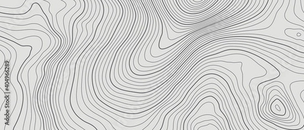 Fototapeta The stylized height of the topographic contour in lines and contours. The concept of a conditional geography scheme and the terrain path. Black on Gray. Ultra wide size. Vector illustration.