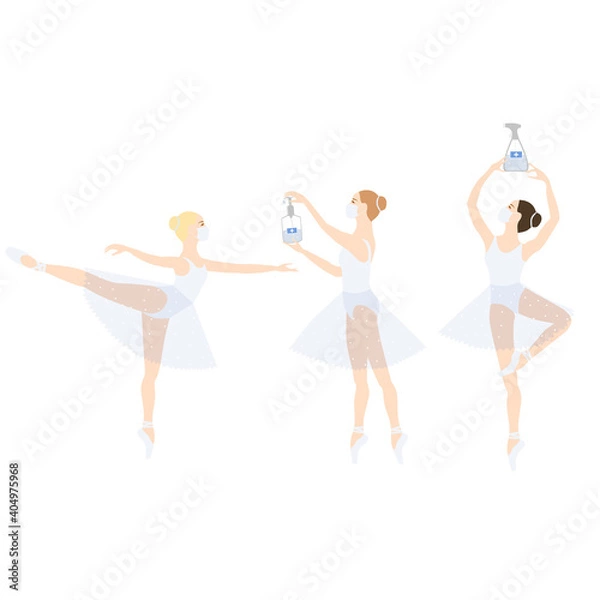 Obraz Ballerina in medical mask during corona time with sanitizer disinfection spray, theater performance. Vector isolated painting art. Coronavirus, covid 2019