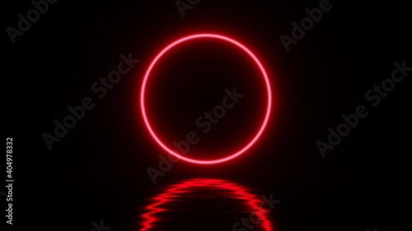 Fototapeta Glowing red neon light circle with distorted reflection on black background. Creative design concept. 3D rendered image.