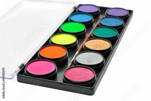 Obraz facepaint palette and brush over white background