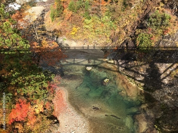 Obraz 世界遺産・白神山地で橋の上から眺めた秋の紅葉風景