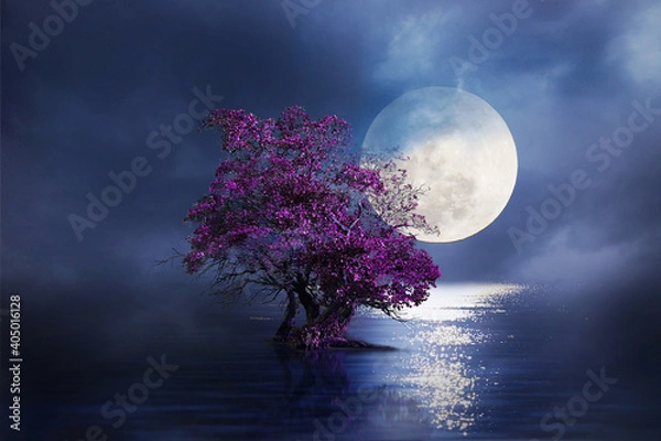 Obraz night landscape with moon and tree