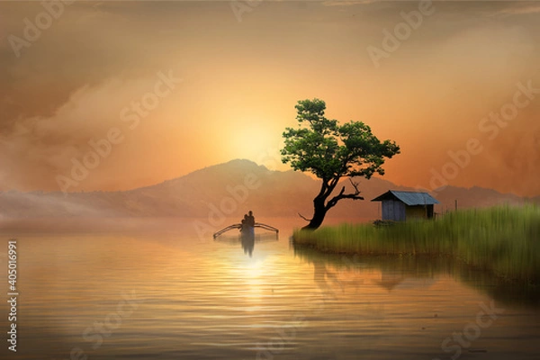 Obraz landscape with tree and sunset