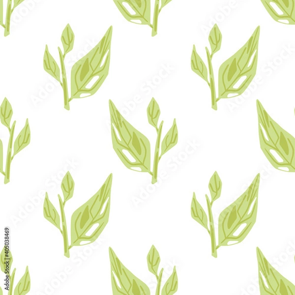 Fototapeta Isolated seamless pattern with light green foliage leaves ornament on white background.