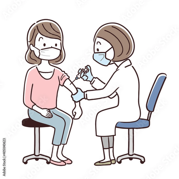 Fototapeta ベクターイラスト素材：注射を打ってもらうマスクをつけた女性、ワクチン接種、予防注射
