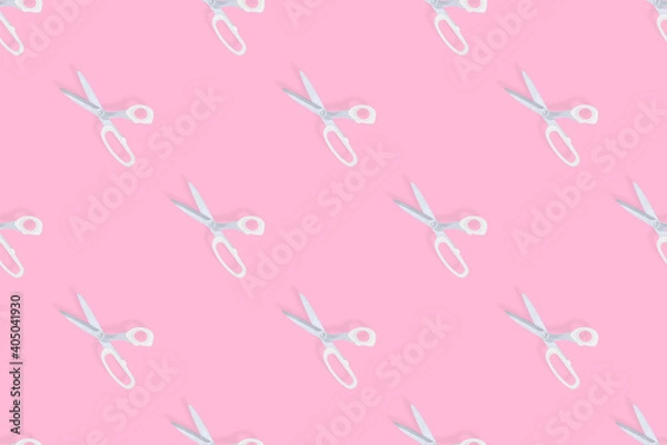 Fototapeta Scissors seamless pattern. Hairdressing scissors against pink background backdrop.