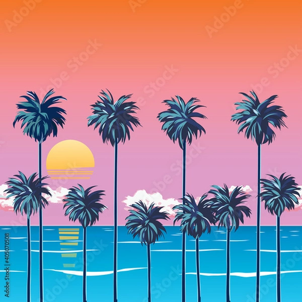 Fototapeta Sunset on the beach with palm trees, turquoise ocean and orange sky with clouds. Sun over the horizon. Tropical backdrop for a summer vacation. Surfing beach. EPS 10 vector illustration