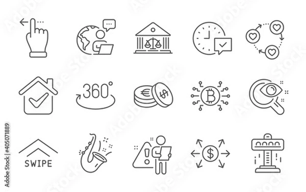 Fototapeta Friends community, Court building and Select alarm line icons set. Bitcoin system, Full rotation and Vision test signs. Jazz, Savings and Dollar exchange symbols. Line icons set. Vector