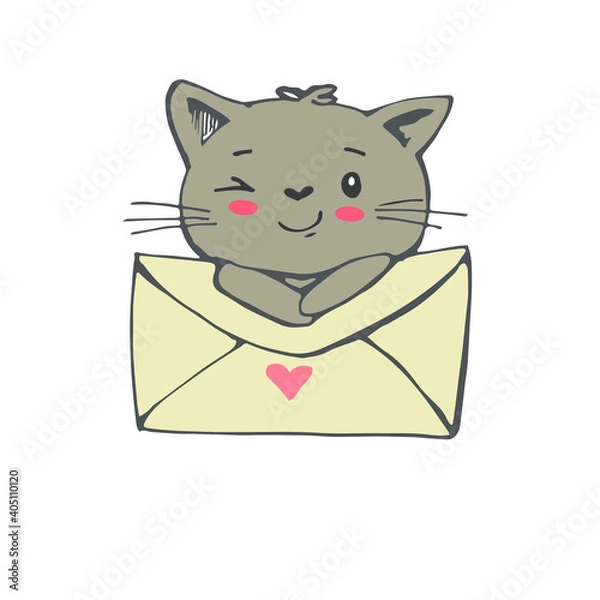 Obraz Valentine's card with cute cat and envelope