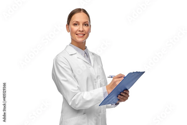 Fototapeta medicine, profession and healthcare concept - happy smiling female doctor or scientist in white coat with clipboard and pen writing medical report