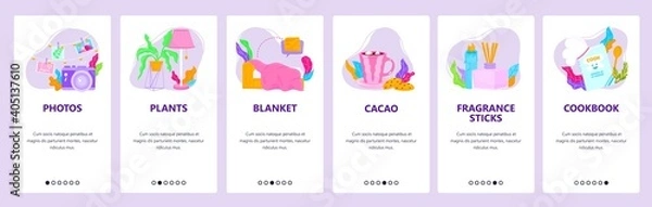 Fototapeta Hygge cozy Danish lifestyle. Mobile app onboarding screens, vector website banner template.