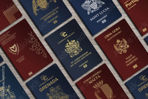 Fototapeta Different foreign passports from many countries by the world as colorful background , European passports, passports of Caribbean countries