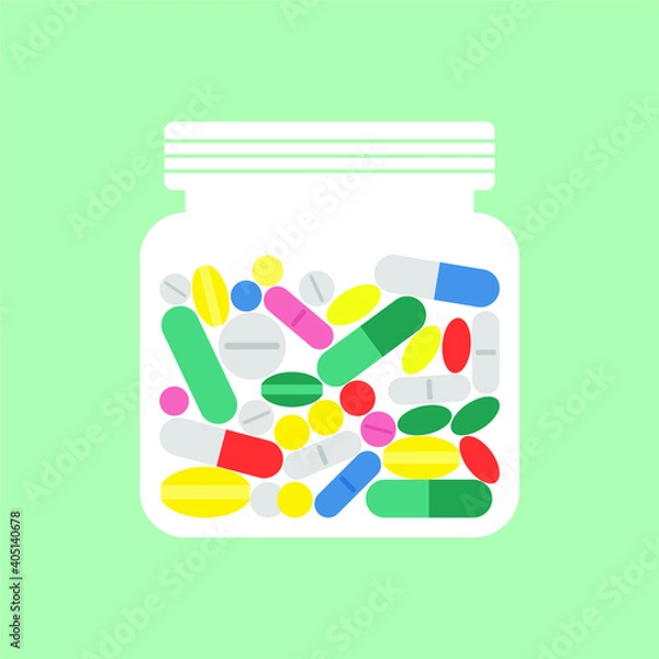 Obraz vector flat illustration on the theme of medicine and health. jar with various medicines and colorful pills in the home first-aid kit.