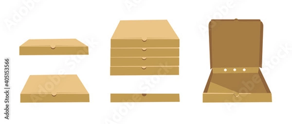 Fototapeta Square Carton Assembly Box for Pizza. Cartoon Style Illustration Delivery Packaging. Flat Graphic Design Clip Art. Vector Collection Mockup Isolated 