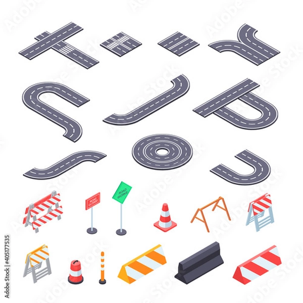 Fototapeta Road under construction isometric ket. Elements of street asphalt and warning road signs for creation of closed pathway.