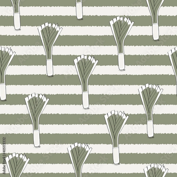Obraz Vector Vegetables Leeks on White and Green Stripes Seamless Repeat Pattern. Background for textiles, cards, manufacturing, wallpapers, print, gift wrap and scrapbooking.