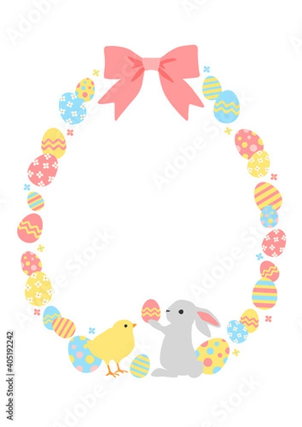 Fototapeta Easter decoration. Easter frame of colored easter eggs, rabbit and chick on white background with space for text.