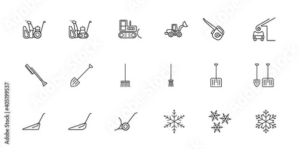Obraz A set of simple vector icons on the theme of snow removal. There are such icons as a snow plow, a blower, a tractor, a loader, a scraper, a shovel, a broom, a brush, an avalanche