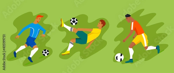 Fototapeta Football players in different poses. Vector set of icons. Male athletes run, jump, score a goal. American football players. Vector illustrations in modern flat style.