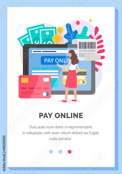 Fototapeta Internet app layout. Program for online remote payment of purchases using phone or card. Online platform landing page template. Application to pay with credit card. Girl on the screen makes a payment