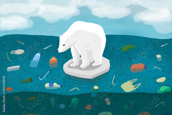 Obraz An illustration of a polar bear on an ice floe in the middle of a human-polluted ocean.