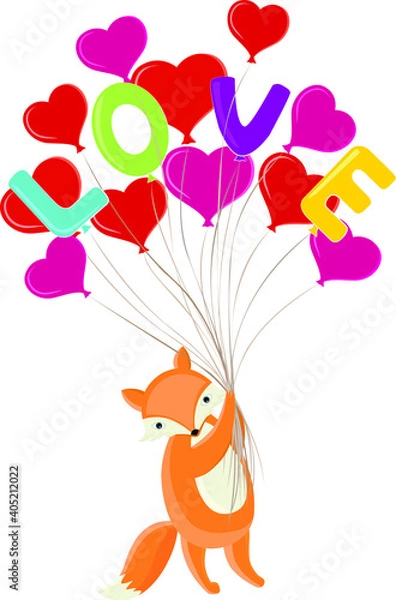 Obraz Little fox on balloons on Valentine's Day