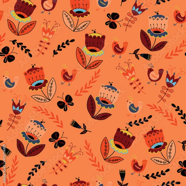 Fototapeta Vector folk flowers and birds seamless pattern blue