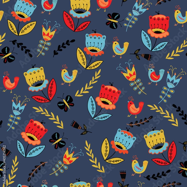 Fototapeta Vector folk flowers and birds seamless pattern blue