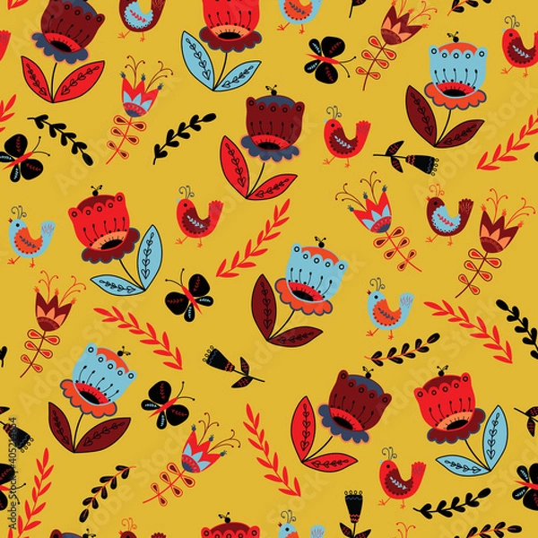 Fototapeta Vector folk flowers and birds seamless pattern yellow